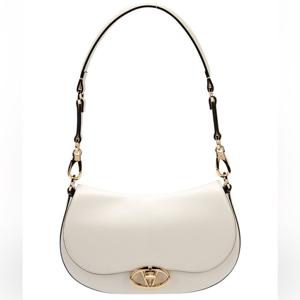 Valentino Ohval Fold-Over Top Small Leather Shoulder Bag, White